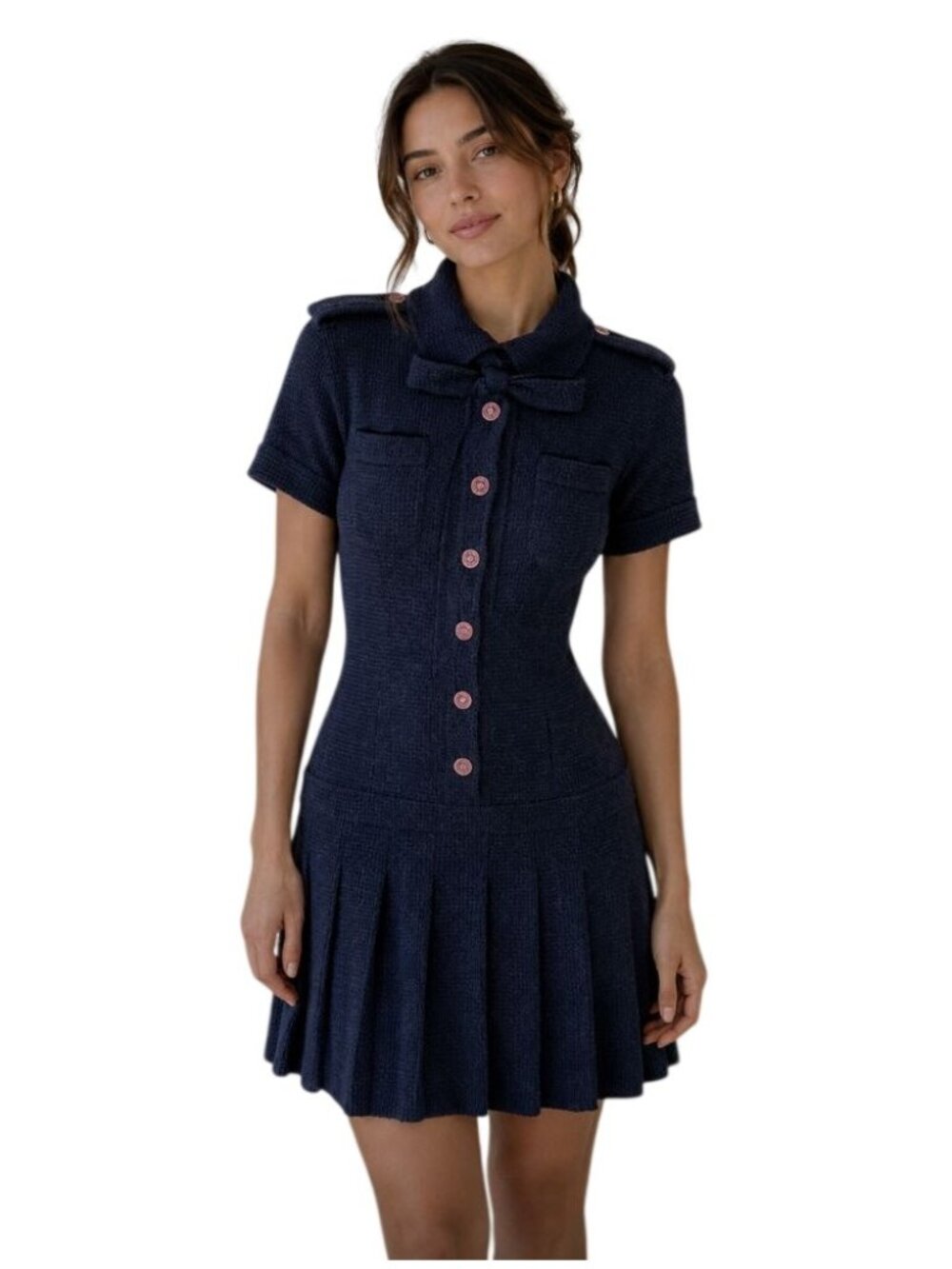 Chanel 2016 Short Sleeve Wool Blend Tweed Mini Dress Navy Blue - Size 38